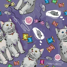 cheerful kittens seamless pattern, happy cat dreams of a mouse. beautiful and funny kittens. template for cat food, veterinary clinic vector