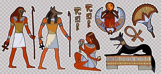 fashion patch ancient egypt.  pharaoh, gods of egypt, anubis, ra. stickers, patches in cartoon 80s-90s comic style. egyptian gods and pharaohs patch, ancient civilization, ancient egypt stickers art