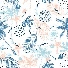 nautical seamless pattern. hand drawn abstract summer beach background: palm trees, palm leaves, nautilus seashell, fish, starfish. vector illustration