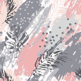 exotic leaves on abstract background. modern vector illustration with tropical leaves, grunge textures, rough brush strokes, doodles, minimal elements. creative seamless pattern