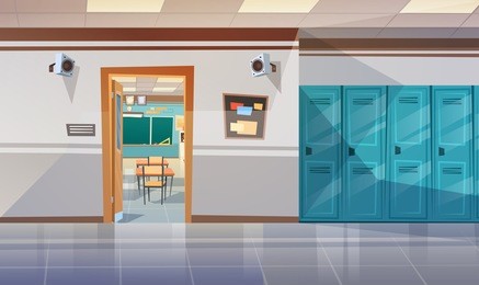 empty school corridor with lockers hall open door to class room flat vector illustration