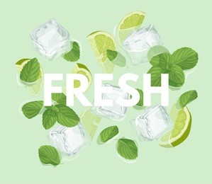 fresh letter with mojito cocktail. summer sale vector label. lemonade lettering. illustration with mint, ice cube and lime. summertime poster. for t-shirt, fashion, prints, banner or packaging design