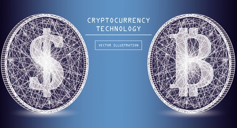 bitcoin digital currency vector icons and symbols. crypto currency token coins with bitcoin and dollar symbols. peer to peer network digital payment system. blockchain concept.