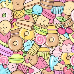 seamless background of sweet and dessert doodle. pattern wiht cute cake, sweet donat, cartoon cookies and macaron