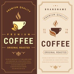 packaging with label for coffee bean. vector label for coffee with cup.