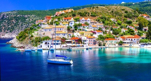 amazing greece series - beautiful colorful village assos in kefalonia island