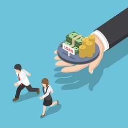 flat 3d isometric business people running away from loan offer, loan and debt concept