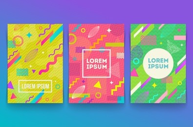 vector set of abstract memphis style retro background with multicolored simple geometric shapes and copy space frame
