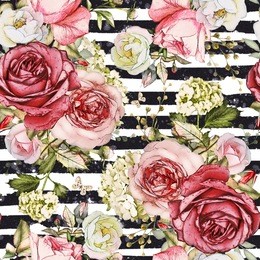 seamless pattern with red flowers and leaves on white background with strip, grunge texture. watercolor floral pattern, flower rose in pastel color, tile for wallpaper or fabric.