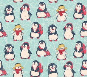 seamless pattern with cute penguins. hand-drawn illustration. vector.