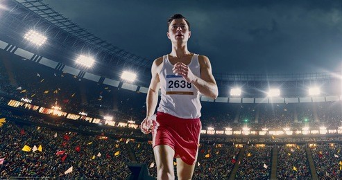 female track and field runner on the professional sports arena with bleaches full of people. athlete wears unbranded clothes. arena and people on it are made in 3d and animated.