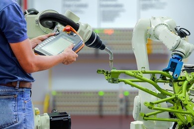 engineers use a wireless remote control of robotic welding and robot workpiece for smart factory, industry 4.0 concept