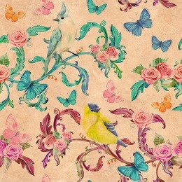 seamless grunge texture with lovely floral arrangement and birds. watercolor painting.