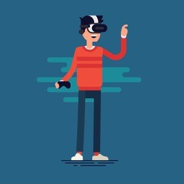 cool vector concept on virtual reality headset in use. guy experiences full immersion into virtual reality trying to touch non-physical object. man character enjoying vr device