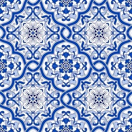 portuguese traditional ornate azulejo, seamless vector pattern in blue and white colors