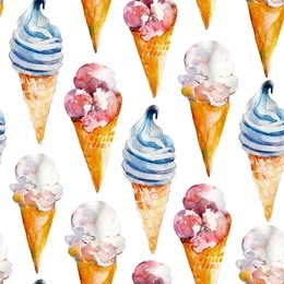 ice-cream seamless pattern, hand-drawn watercolor on white background.