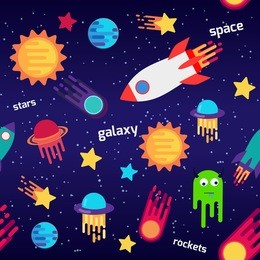 seamless children cartoon space pattern with rockets, planets, stars, the dark night sky background. vector illustration