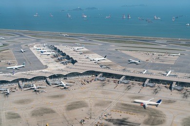 aerial view of international airport with airplane parking. hong kong international airport.
