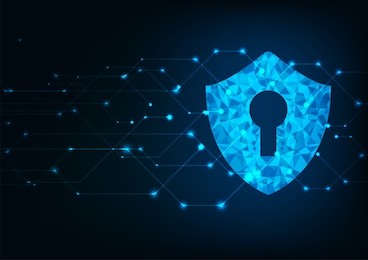 cyber security concept: shield with keyhole icon on digital data background. illustrates cyber data security or information privacy idea. blue abstract hi speed internet technology.