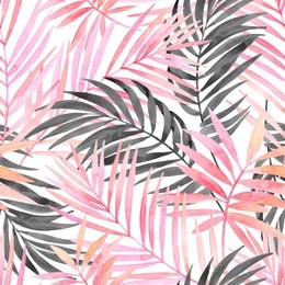 watercolor tropical leaves seamless pattern. watercolour pink colored and graphic palm leaf painting. hand painted art illustration for summer design. water color exotic background.