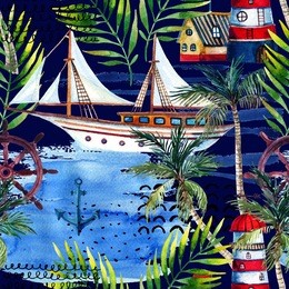 watercolor adventure seamless pattern in marine style. summer voyage background with lighthouse, yacht, abstract sea waves, palm trees and leaves. water color art illustration