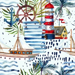summer beach seamless pattern. watercolor sailboat, lighthouse, palm tree, leaves, grunge textures, doodles, brush strokes. water color background. hand painted illustration in marine style