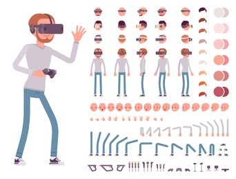 man in virtual reality headset. vr helmet. character creation set. full length, different views, emotions and gestures. build your own design. cartoon flat-style infographic illustration