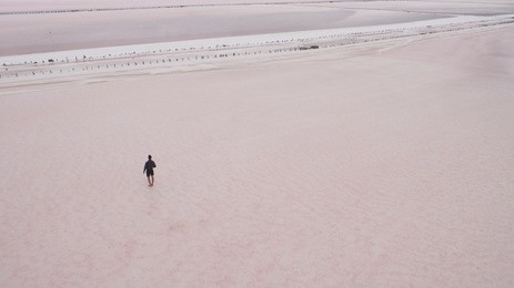 a small man travels through a large pink lake.
