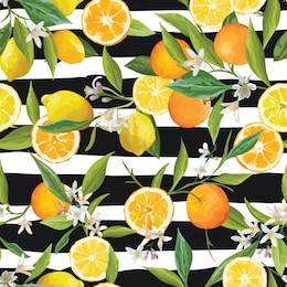 orange and lemon seamless tropical pattern in vector. illustration of flowers, leaves and fruits.