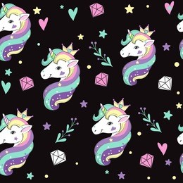 beautiful unicorns and diamonds on a black background background seamless pattern