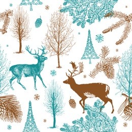 winter christmas forest with deers. seamless pattern