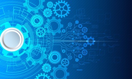 cyber security, vector illustration white gear and tree cog wheel on circuit board, technology and engineering,abstract futuristic- technology on blue color background