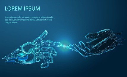 robot arm and hand human, touch. illustration can be used for artificial intelligence business banner design. technological concept. banner. low poly vector illustration of a starry sky or comos. 