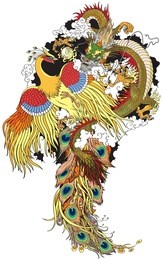 chinese jade dragon and golden phoenix feng huang playing with a pearl ball . tattoo illustration