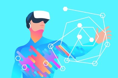 enthusiastic man using virtual reality glasses and touching vr interface. vector illustration