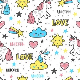 vector pattern with unicorns, clouds, suns, hearts, stars on a white background. perfect for wallpaper, fabric, wrapping paper, etc.
