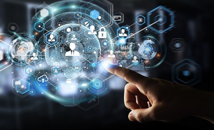 businessman on blurred background using social network interface 3d rendering