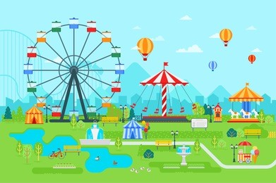 amusement park vector flat illustration at daytime with ferris wheel, circus, carousel, attractions, landscape and city background.
