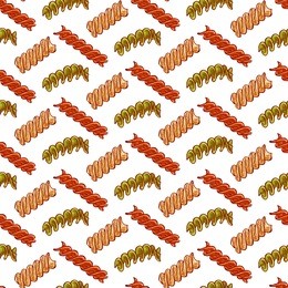 pretty colorful seamless pattern made of hand drawn different types of fusilli pasta.
