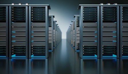 dark server room data center storage with blue lights 3d rendering