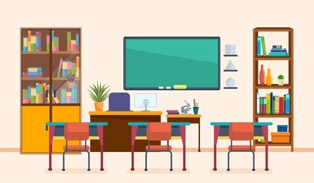 school classroom with chalkboard and desks. class for education, board, table and study, blackboard and lesson. interior of modern school class. workplace. vector illustration