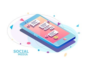 isometric concept with mobile phone and chat. chatting: sending and receiving messages and sms. online conversation.  social network. vector illustration.