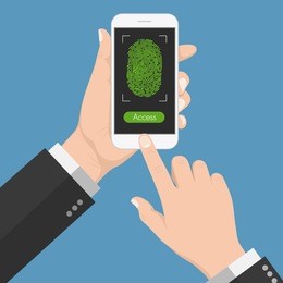 flash design style human hand holding smartphone with fingerprint app on screen  the concept is access to smart phone by fingerprint ,vector design element illustration