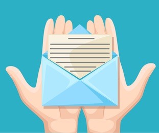 email message concept. new, incoming message, sms. hand holding envelope, letter. delivery of messages, sms. mail notification, sending messages. get mail chat message coming messages