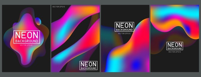 neon liquid color splash cover vector set. futuristic fluid paint template. abstract neon background on black.