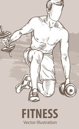 hand sketch of a man is training with dumbbells. vector sport illustration. graphic silhouette of the athlete on background design.