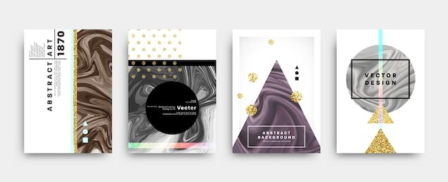 set of memphis style backgrounds with marble textures, golden glitters and geometric patterns. 80s retro minimalistic style vector illustrations for posters, placards, banners, covers and brochures.