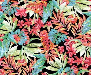  exotic floral pattern on black background.