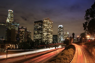 downtown los angeles at dusk, view from bridge 3th street.