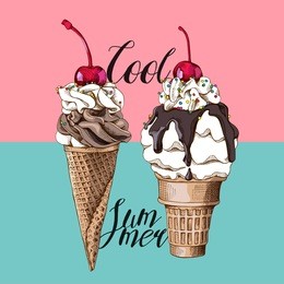 ice cream (cone and in a glass) with cherry on a pink-green background. vector illustration.